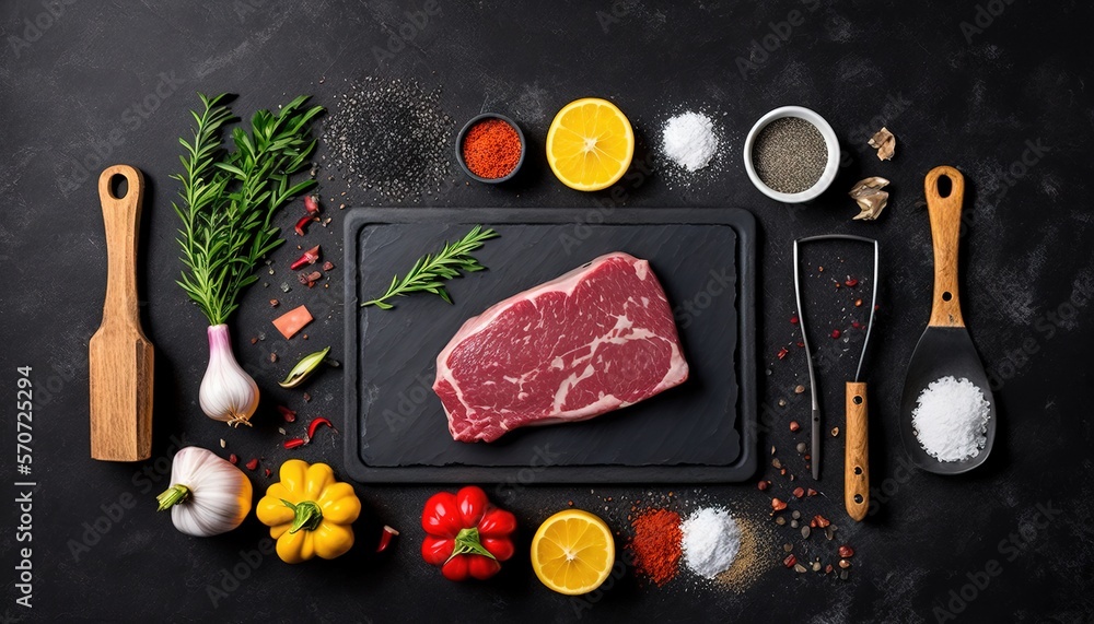  a raw steak on a cutting board surrounded by spices, herbs, and other ingredients on a black backgr