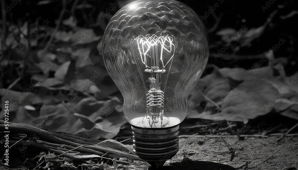  a light bulb with graffiti on it sitting on the ground in front of a bush and leaves in black and w