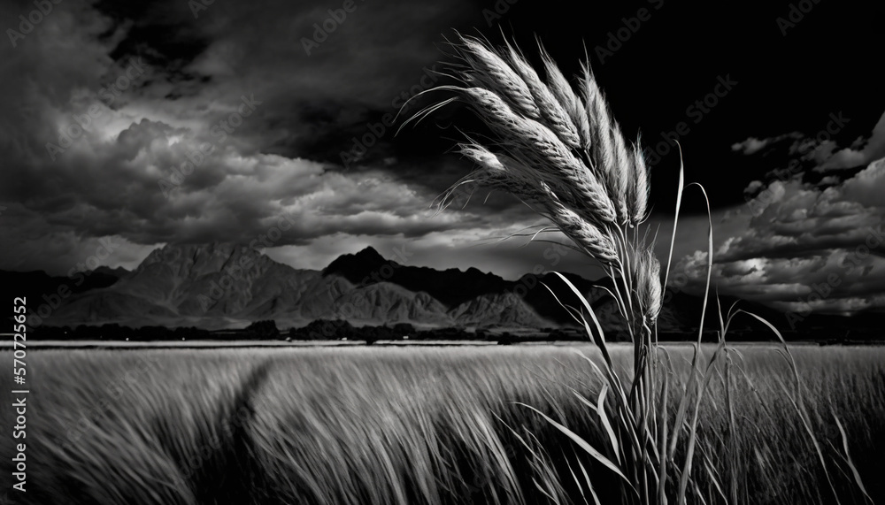  a black and white photo of a field with mountains in the background and clouds in the sky over the 