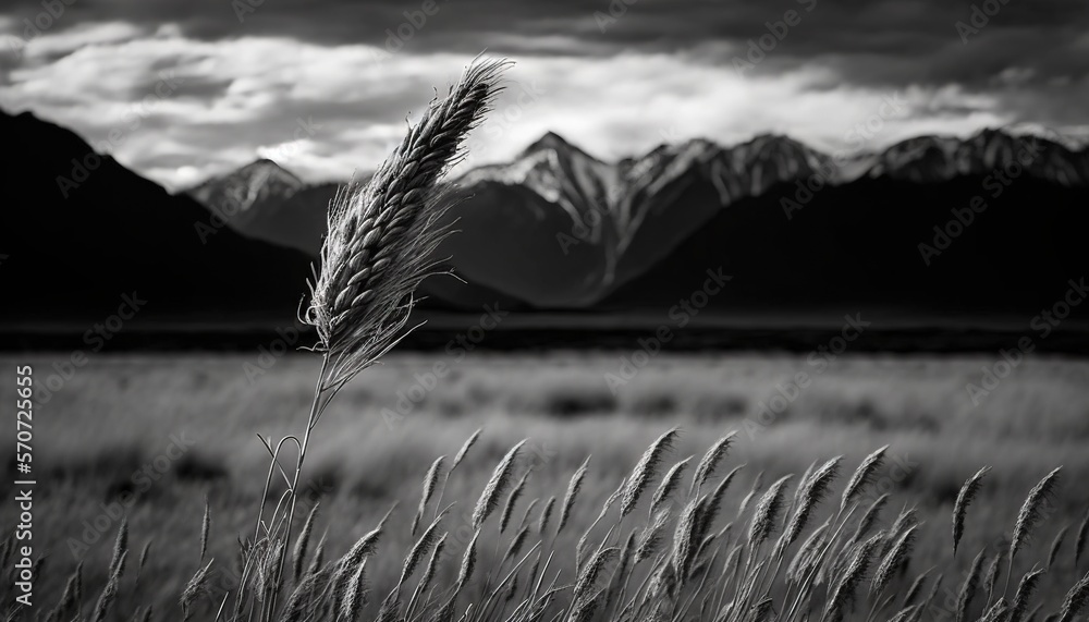  a black and white photo of a tall grass in front of mountains with clouds in the sky and in the for