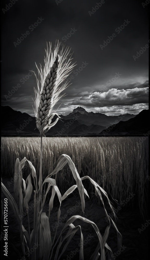  a black and white photo of a corn field with mountains in the background and dark clouds in the sky