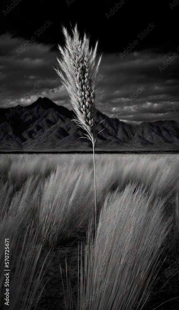  a black and white photo of a tall grass in a field with mountains in the distance in the distance i