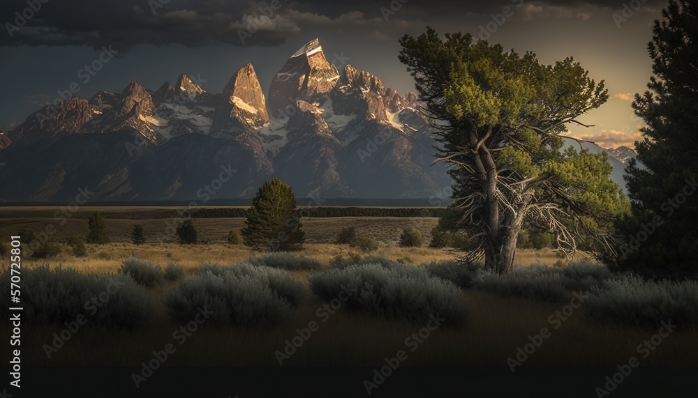  a lone tree in a field with mountains in the background at night with clouds in the sky and sun shi