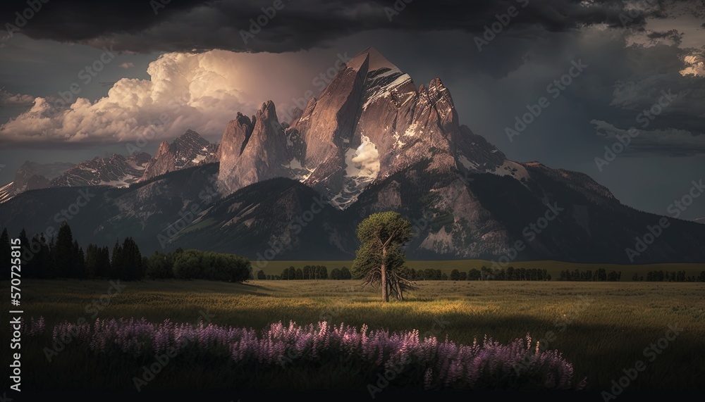  a mountain range with a tree in the foreground and purple flowers in the foreground in the foregrou