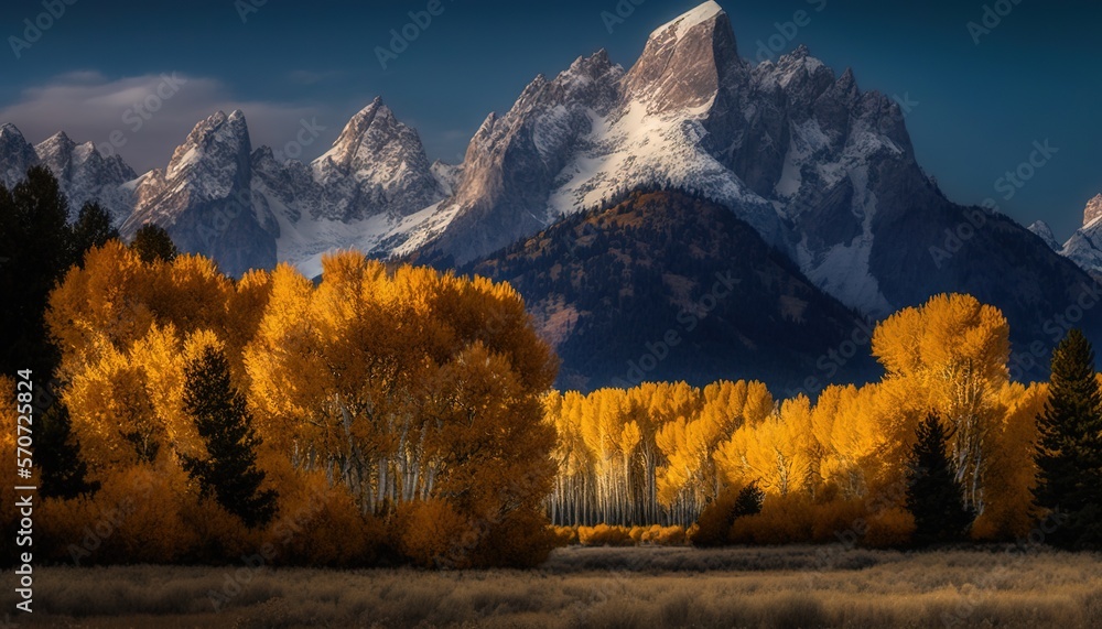  the mountains are covered in snow and yellow trees are in the foreground, and the grass is in the f