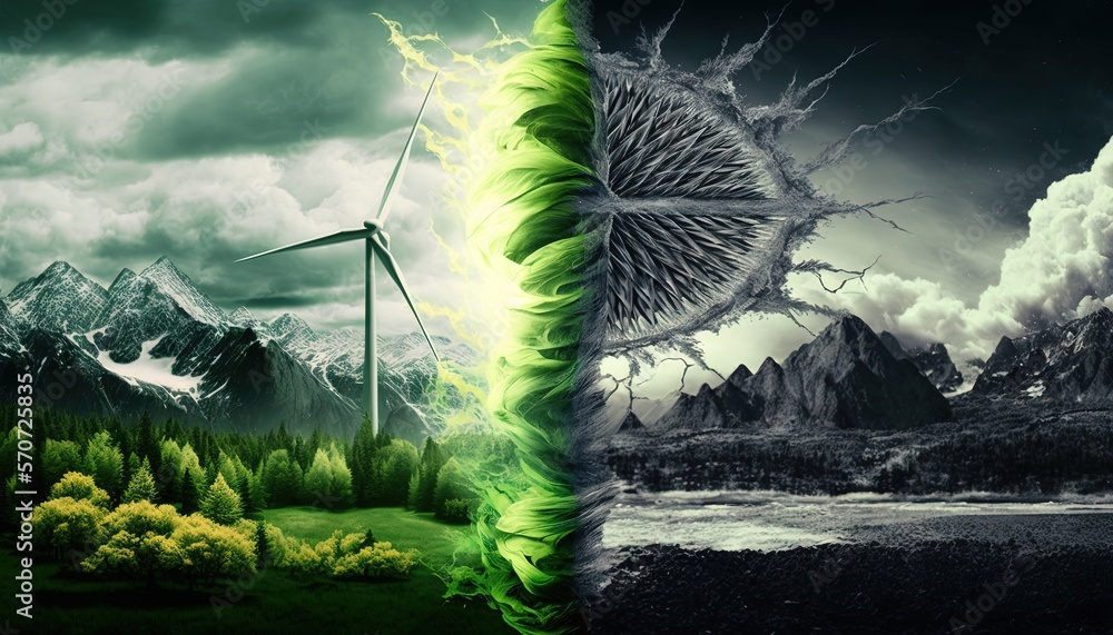  a split photo of a wind turbine and a mountain scene with a green plant in the foreground and a bla