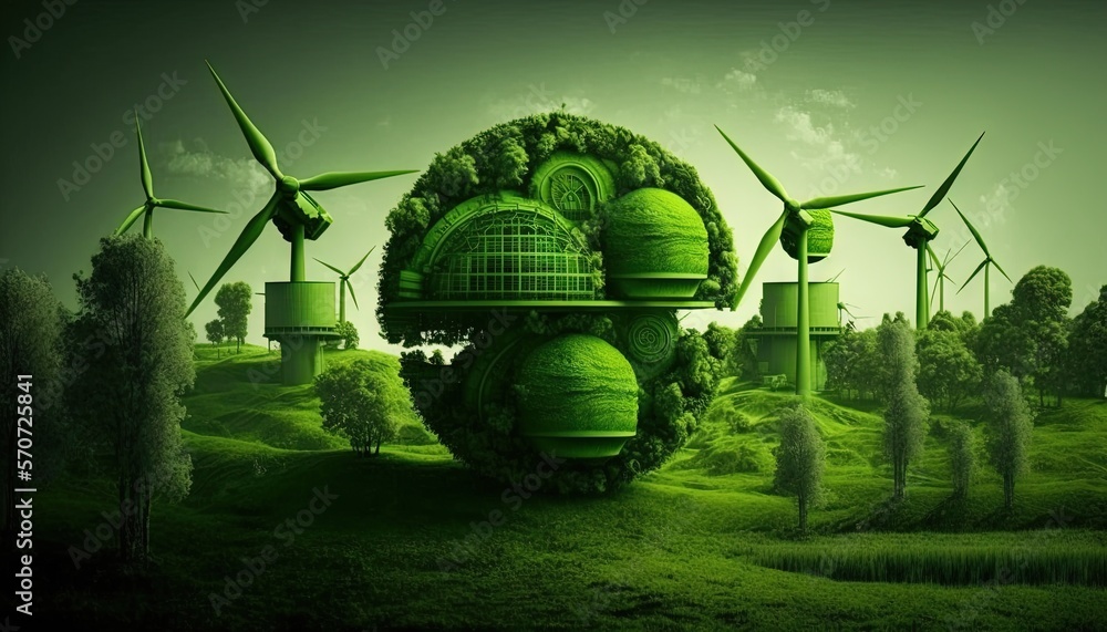  a green house surrounded by wind turbines in a green field with trees and grass in the foreground a