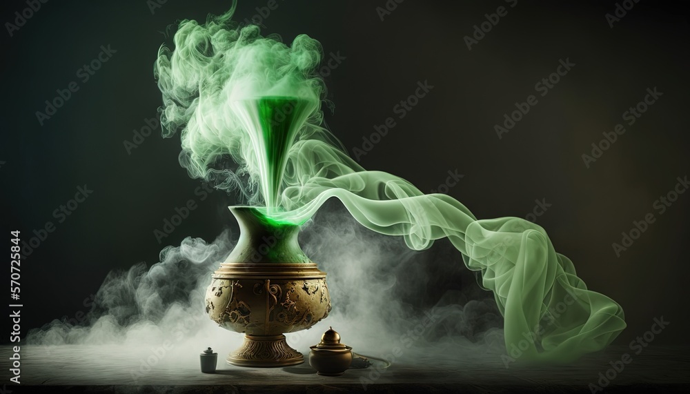  a green liquid is pouring out of a vase on a table with smoke coming out of the top of the vase and