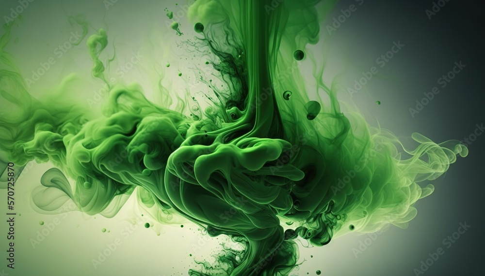  a green liquid is in the air and is being blown by the wind on a gray background with a black borde