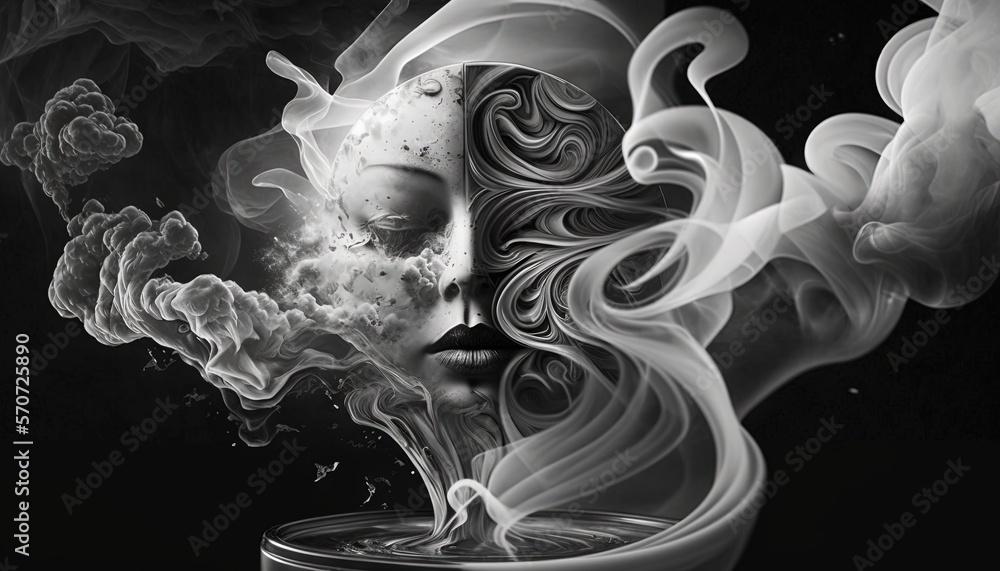  a womans face with smoke coming out of her mouth and a cigarette coming out of her mouth in a cup 