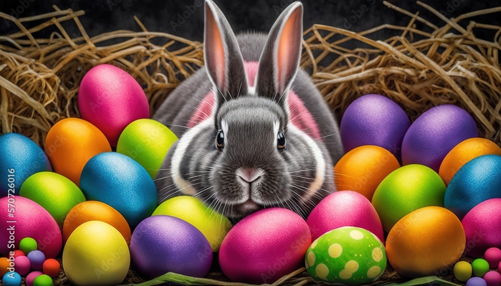  a rabbit is sitting in a nest of eggs with colored eggs around it and a nest of straw with eggs aro