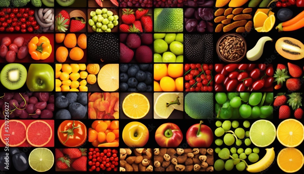  a collage of a variety of fruits and vegetables in a square pattern, all of which are different col