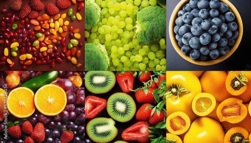  a collage of different fruits and vegetables with a bowl of fruit in the middle and a bowl of fruit