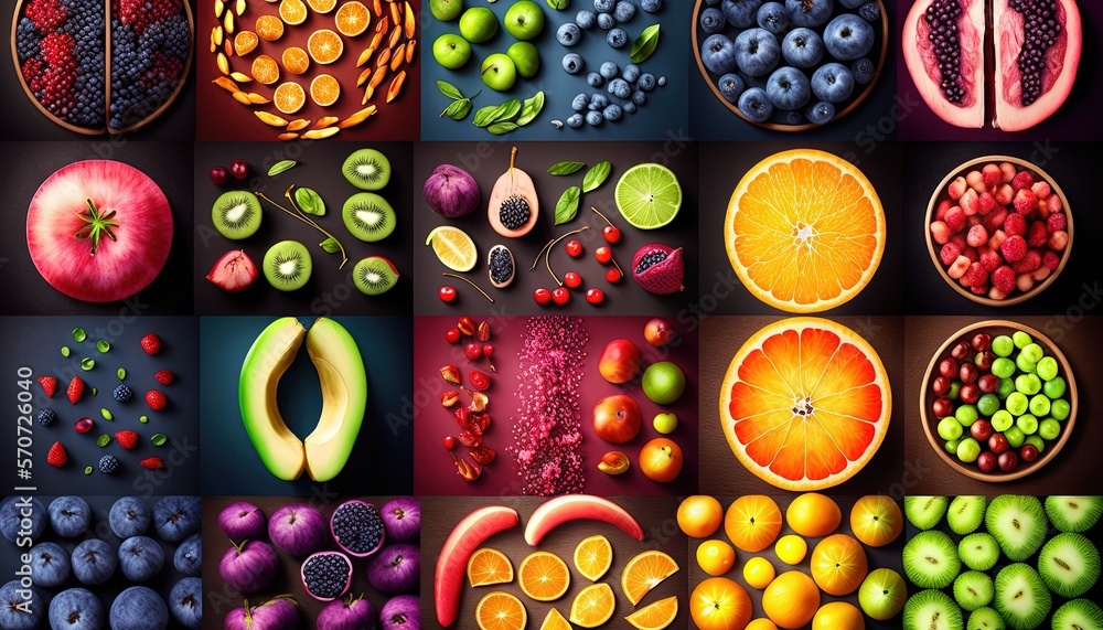  a collage of different fruits and vegetables with a black background and a black background with a 