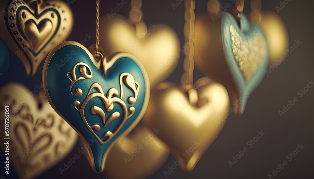  a group of heart shaped ornaments hanging from a line of strings in a dark room with other ornament