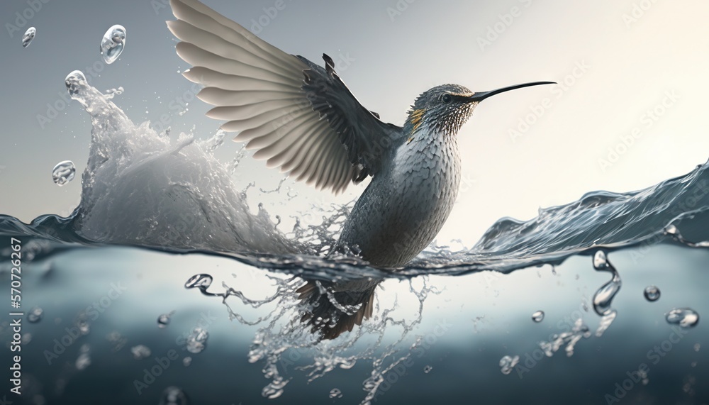  a bird flying over a body of water with bubbles on its wings and wings spread out, with water spla