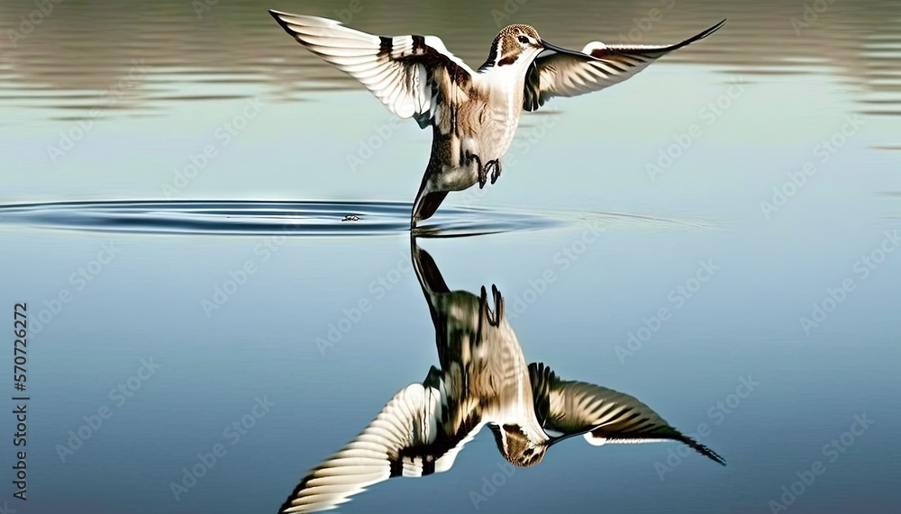  a bird flying over a body of water with its wings spread out and its reflection in the water is sho