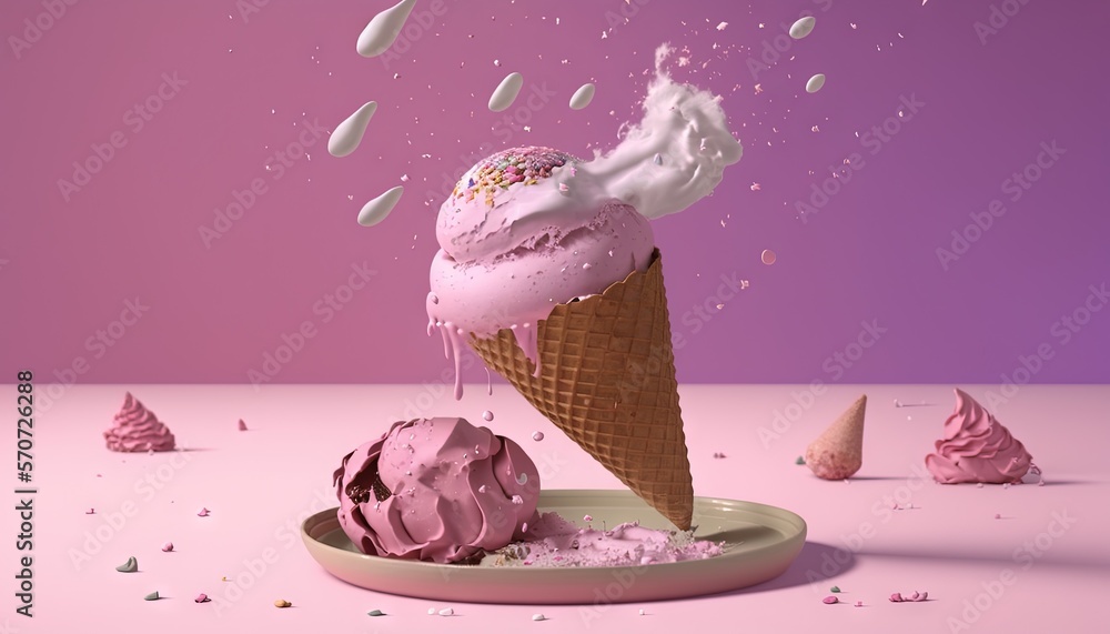  an ice cream cone with pink icing and sprinkles on a plate with cones of ice cream on a pink backgr