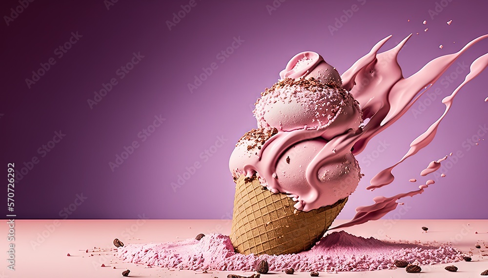  a scoop of ice cream is falling into a pile of pink powder and sprinkled with chocolate chips on a 