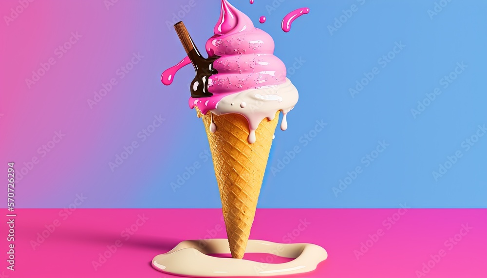  a pink ice cream cone with a chocolate stick sticking out of its top, on a pink and blue backgroun