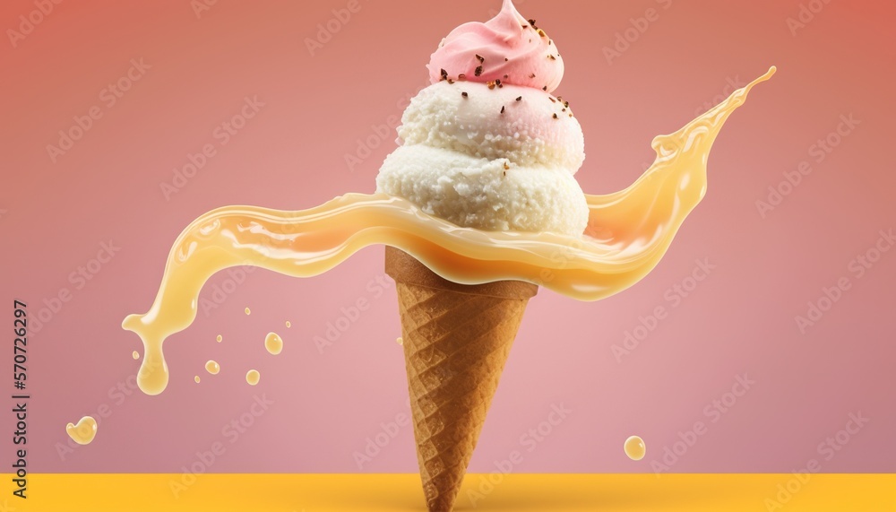  an ice cream cone with two scoops of ice cream on top of it, with a swirl of orange and yellow liqu