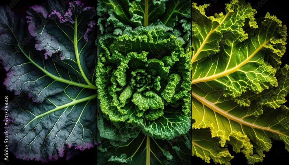  three different types of leafy vegetables are shown in three different colors of green, purple, and