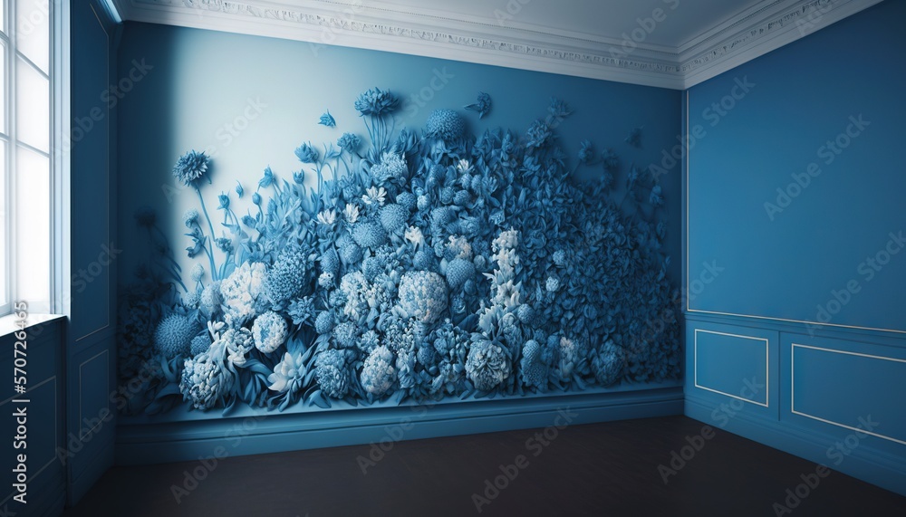  a room with a blue wall and a large painting on the wall of the room and a wooden floor and a windo