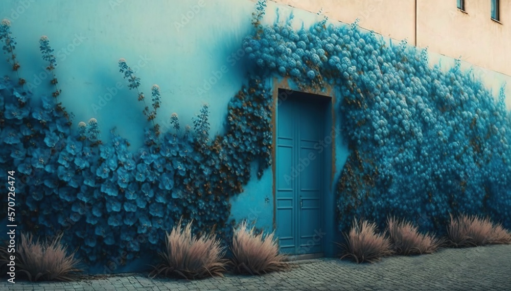  a painting of a blue door and some plants on a wall with a brick walkway in front of it and a blue 