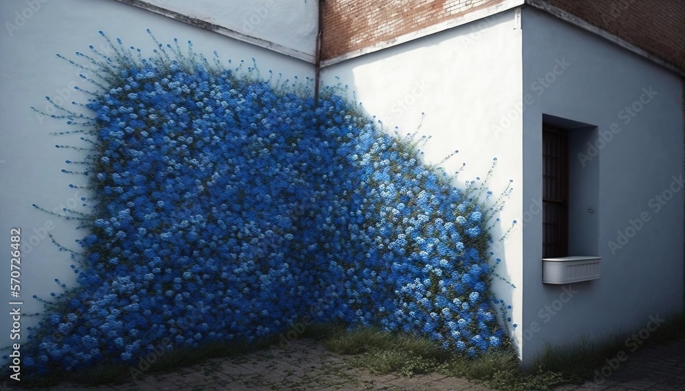  a painting of blue flowers on the side of a white building next to a brick wall with a window on th