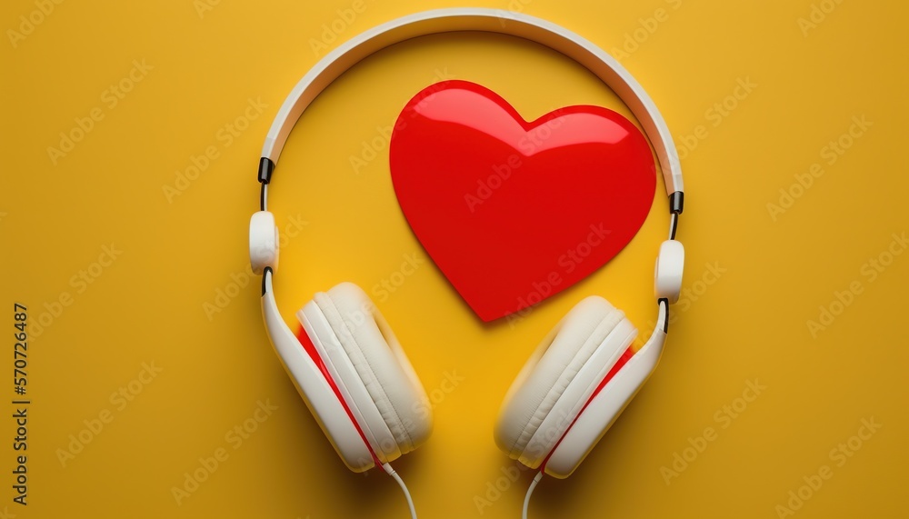  a pair of headphones with a red heart on top of it, on a yellow background with a shadow of a red h