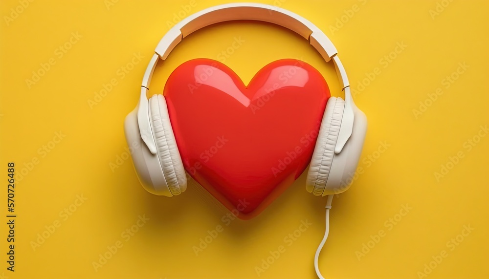  a red heart with headphones on a yellow background with the word love written in the middle of the 