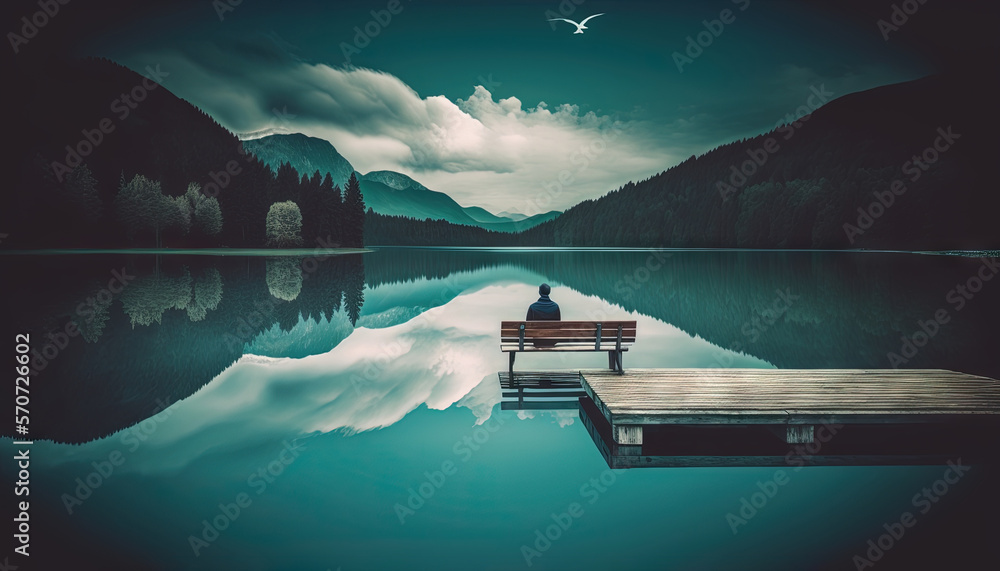  a person sitting on a bench next to a body of water with a bird flying over the water and mountains