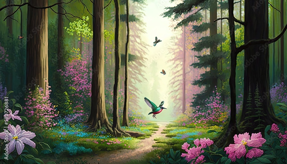  a painting of a forest with flowers and a bird flying over the path to a forest with flowers and a 