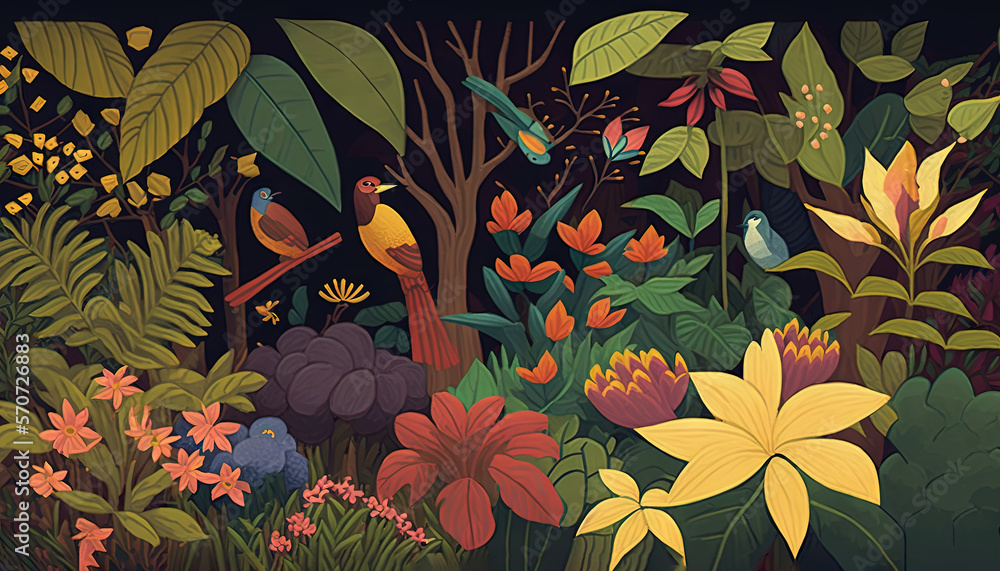  a painting of birds and flowers in a forest of trees and flowers, with a black background and a bla