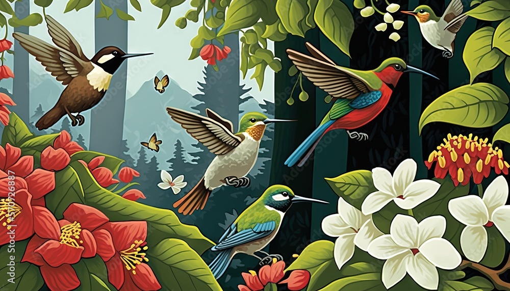  a group of birds flying over a forest filled with flowers and plants and trees with white and red f