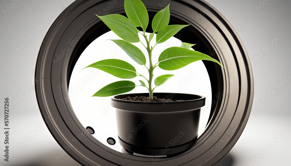  a potted plant is seen through a circular mirror on a white surface with a reflection of a plant in