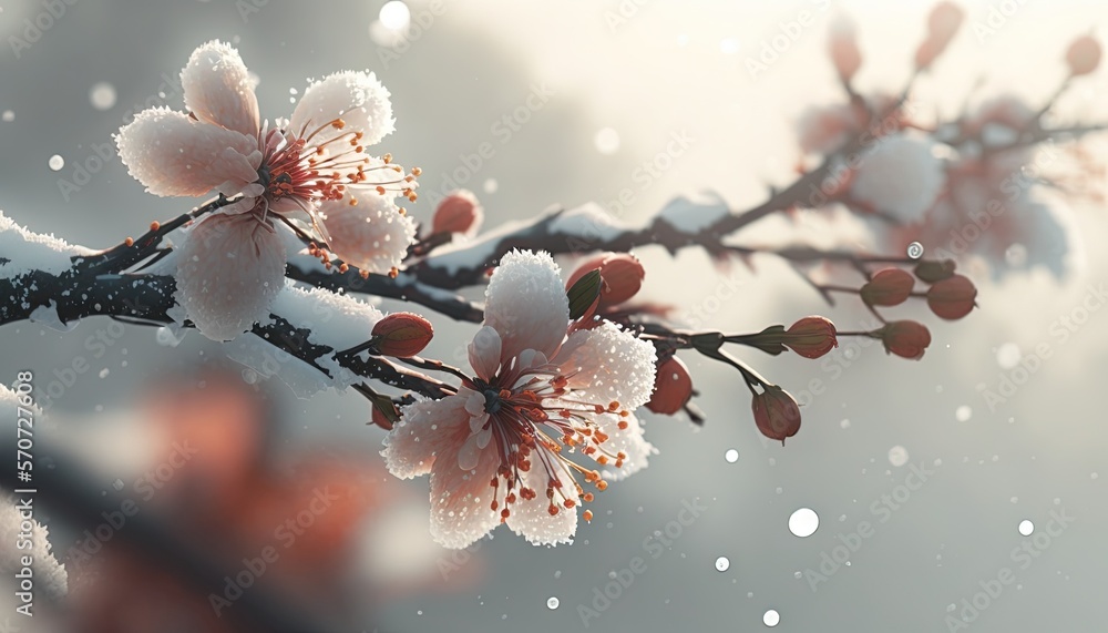  a branch of a tree with snow on it and some flowers on the branch in the foreground, with the sky i