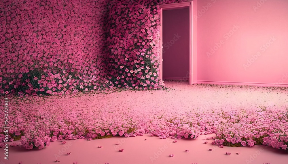  a room with pink walls and flowers all over the floor and walls and a doorway leading to a pink roo