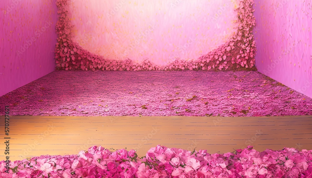  a pink room with flowers on the floor and a pink wall in the corner of the room with a wooden floor