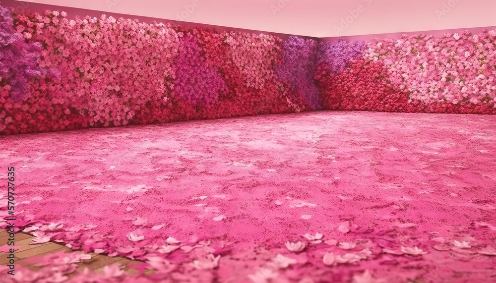  a room with a pink carpet and a wall with pink flowers on the walls and a wooden floor in the middl