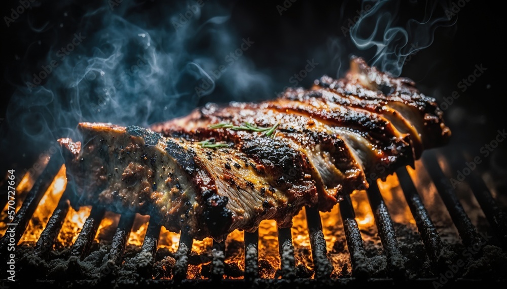  a close up of meat on a grill with smoke coming out of the top of the grill and on the bottom of th