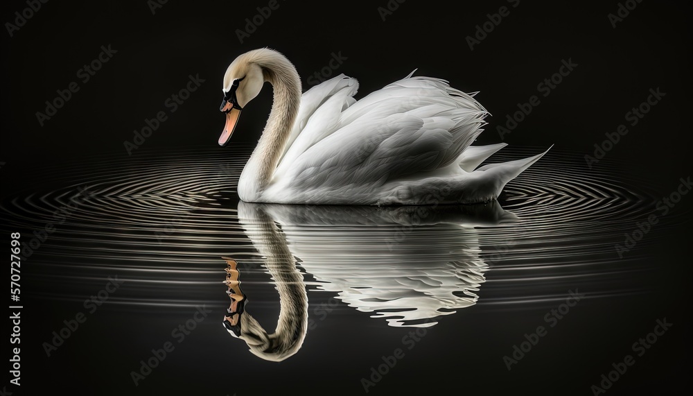  a swan is swimming in the water with its head in the water and its reflection in the water and its