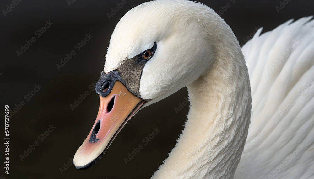  a close up of a white swan with a black back ground and a black back ground with a white swan with 