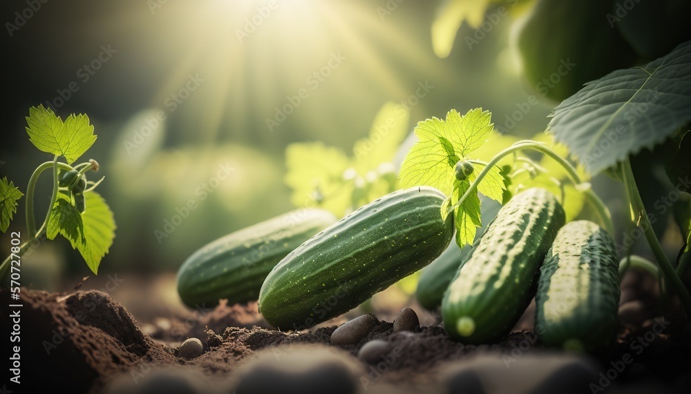  a group of cucumbers in the dirt with a green leafy plant in the background and sunlight shining th