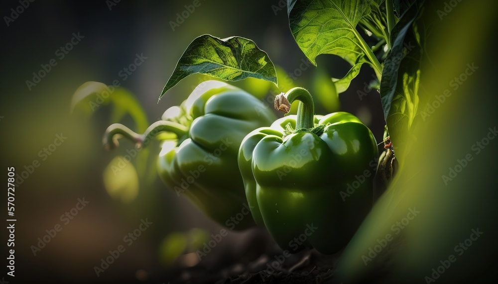  a group of green peppers sitting on top of a green leafy plant in the dark light of the sun shining