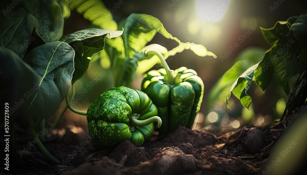  a group of green peppers growing on top of a dirt ground next to green leaves and a light shining o