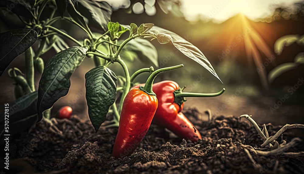  two red peppers growing on a plant in the dirt with the sun shining in the background and a green p