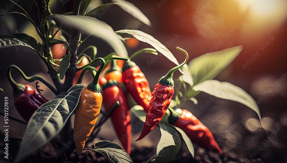  a group of peppers growing on top of a plant in the dirt with leaves on the ground next to them and