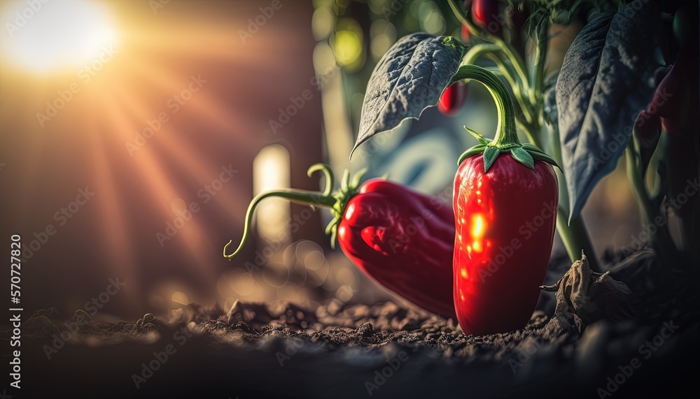  a couple of red peppers sitting on top of a dirt ground next to a green plant with a light shining 