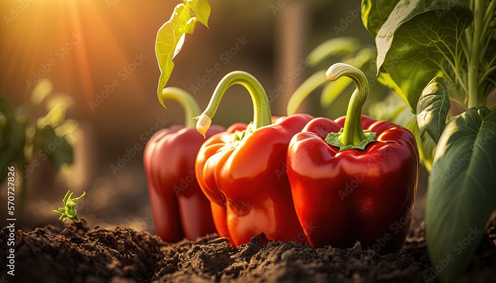  a group of red peppers growing in the dirt with a sun shining behind them and a green plant in the 